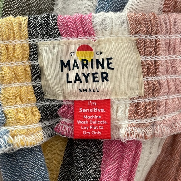 MARINE LAYER Shirley Rainbow Stripe Off Shoulder Ruffle Hem Mini Skirt Dress S - Picture 7 of 9